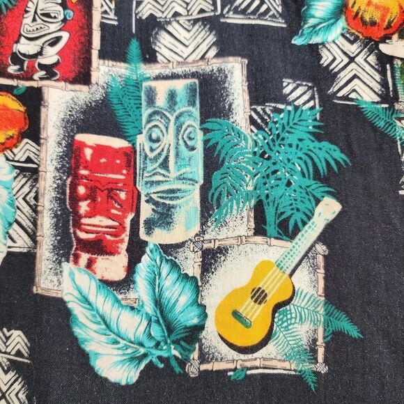 Aloha Shirt Mens Large Multicolor Tiki Hula Girl Ukuleles Short Sleeve Button Up - Picture 3 of 8